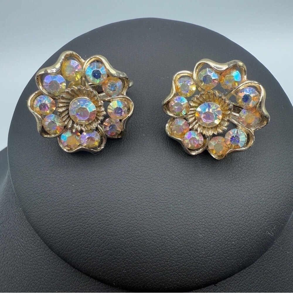Vintage 1950s Coro Signed AB Floral Crystal Rhinestone Clip On Earrings